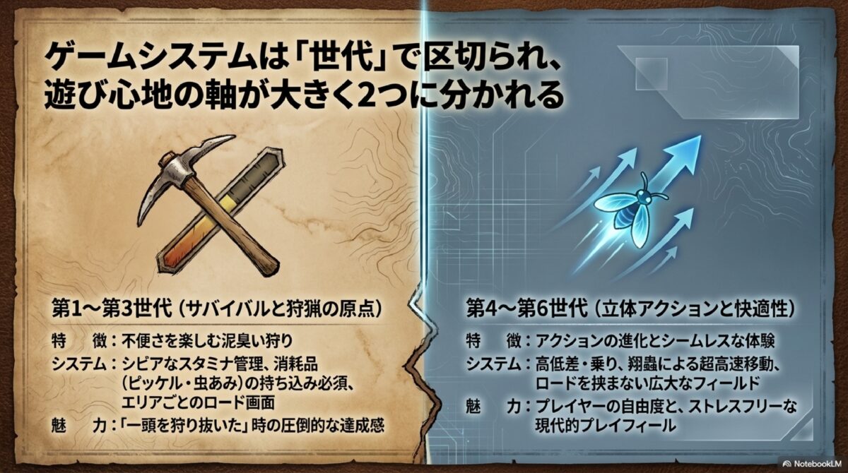 ゲームシステムは「世代」で区切られ、遊び心地の軸が大きく2つに分かれる