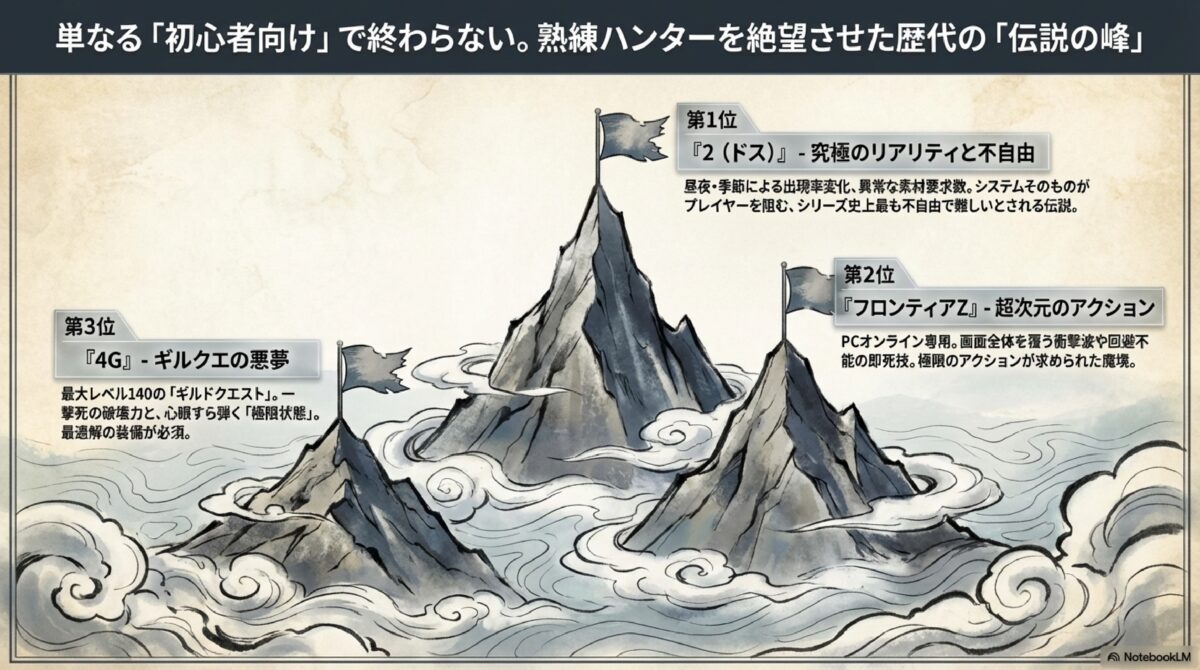 単なる「初心者向け」で終わらない。熟練ハンターを絶望させた歴代の「伝説の峰」