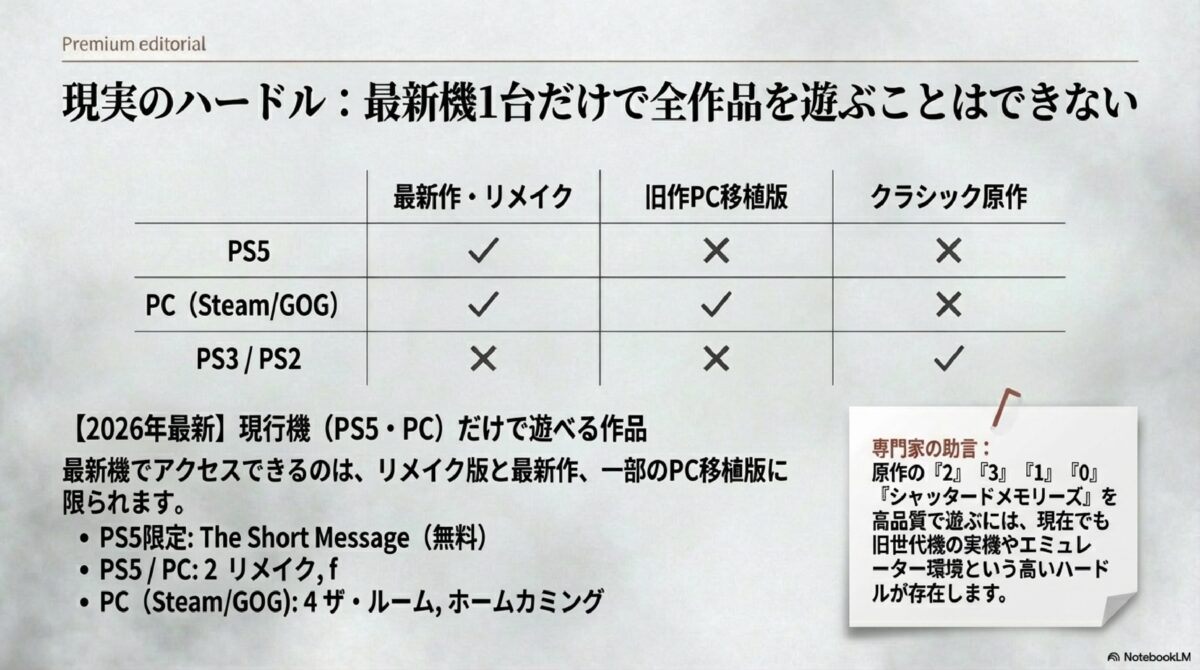 現実のハードル：最新機1台だけで全作品を遊ぶことはできない
